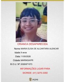 Menina de 9 anos está desaparecida há mais de 10 dias em Maringá