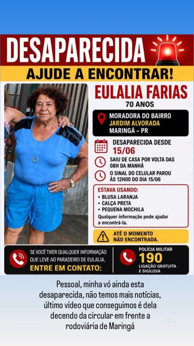 Familiares procuram idosa que desapareceu nesta segunda-feira (15)